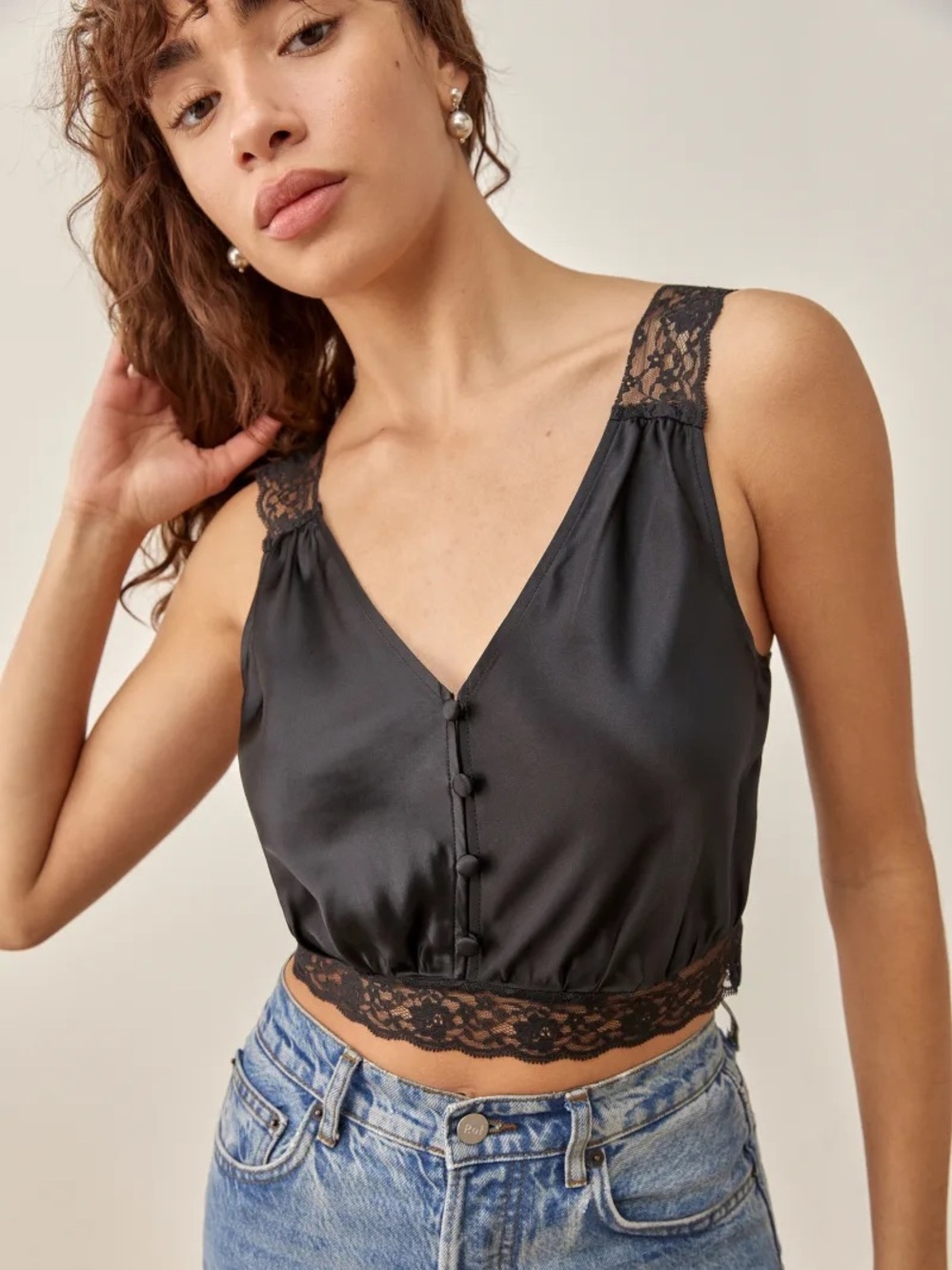 ReformationBlack Lace-Trim Silk Cami Crop Top